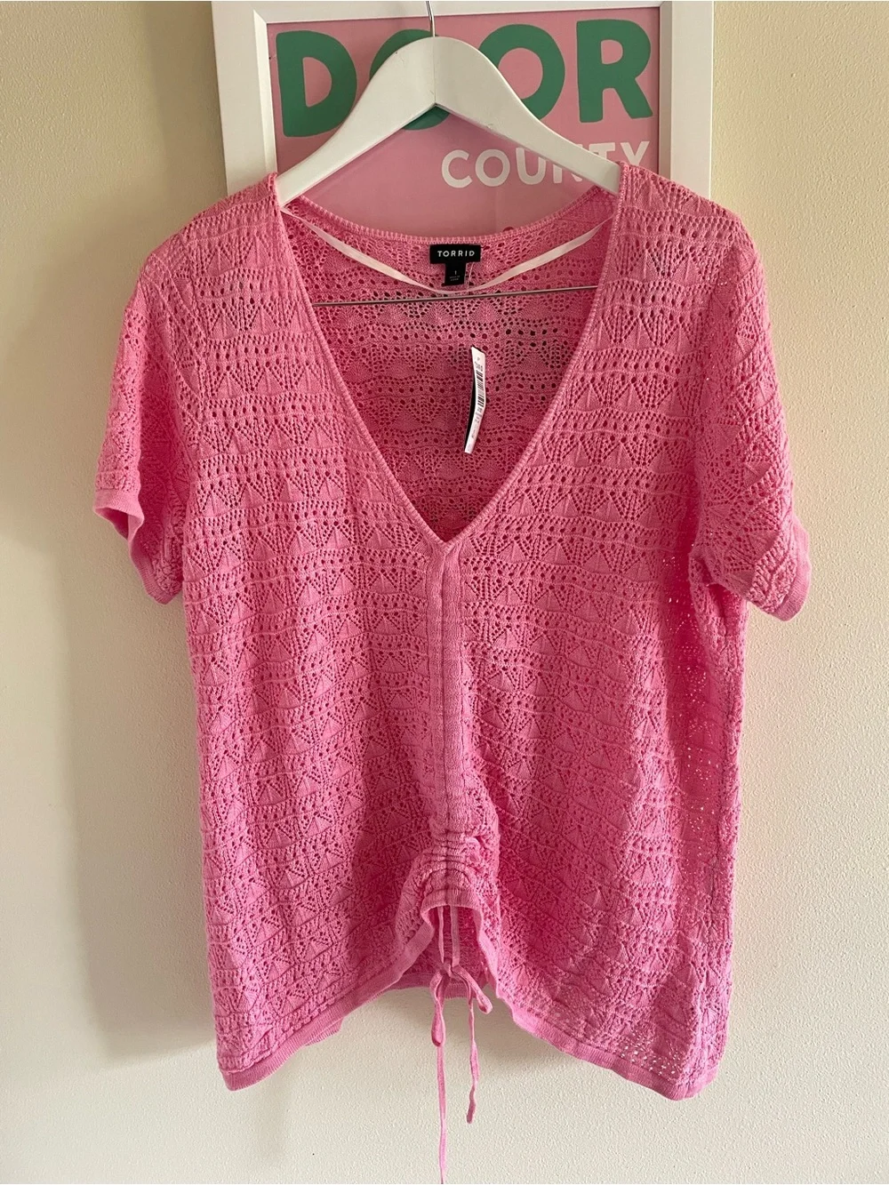 Torrid Pointelle Pullover Short Sleeve Front Tie Sweater Rose Bloom Size 1X New